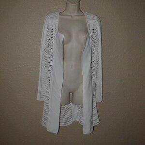 Sz S Rena Lange White Open Knit Open Front Long Cardigan Sweater